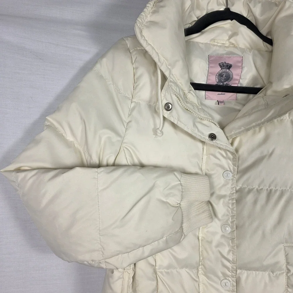 Juicy Couture Puffer Jacket Womens Medium Down Fill Cream Y2K Winter Coat‎ 2000s
